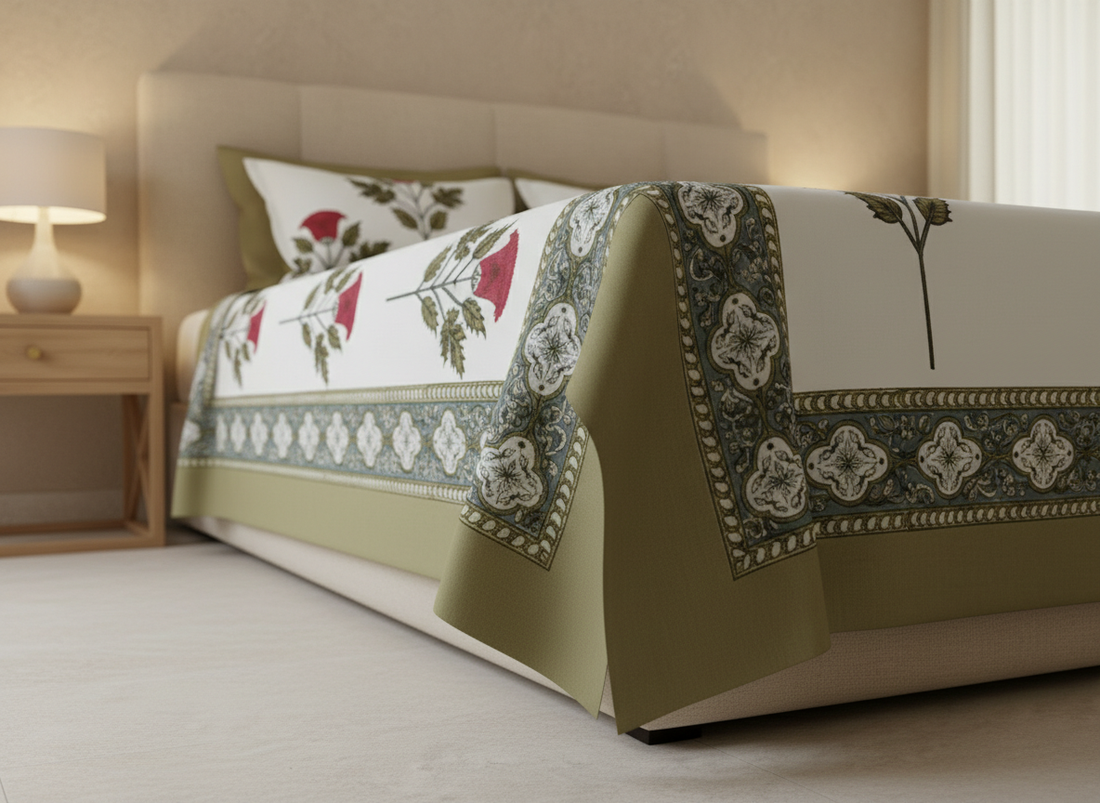 Gulaabi Blockprint Percale Cotton King Size Bedsheet | 450 TC