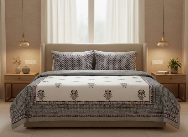 Mysore Garden Blockprint Percale Cotton King Size Bedsheet | 450 TC
