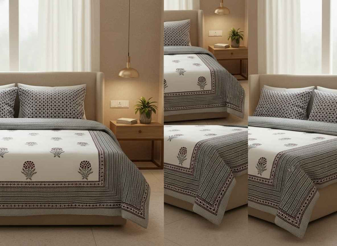 Mysore Garden Blockprint Percale Cotton King Size Bedsheet | 450 TC