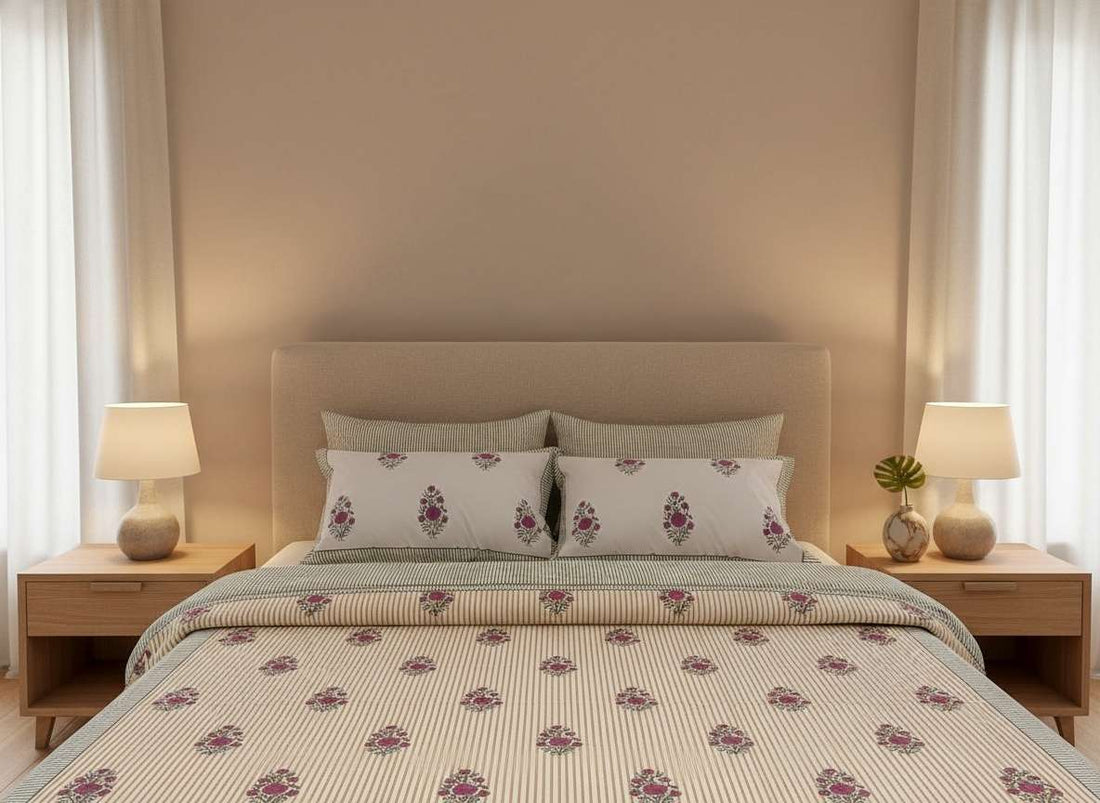 Basant Blockprint Percale Cotton King Size Bedsheet | 450 TC