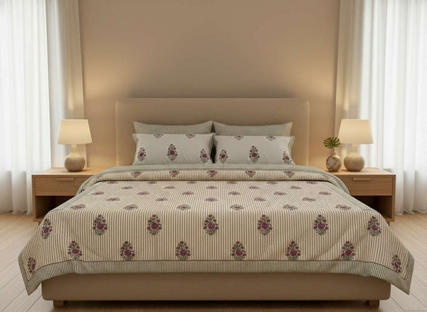 Basant Blockprint Percale Cotton King Size Bedsheet | 450 TC