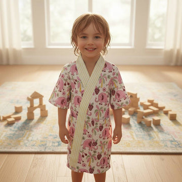 Baby Elephant Hand Block Printed Kids Bathrobes