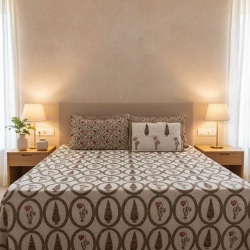 Sanganeri Hand Block Printed Jute Bedcover - King Size with 2 Pillow Covers