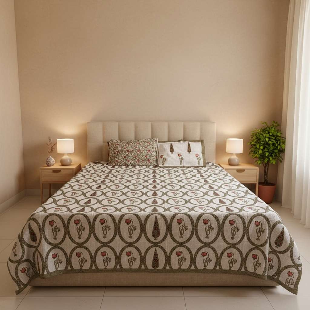Sanganeri Hand Block Printed Jute Bedcover - King Size with 2 Pillow Covers