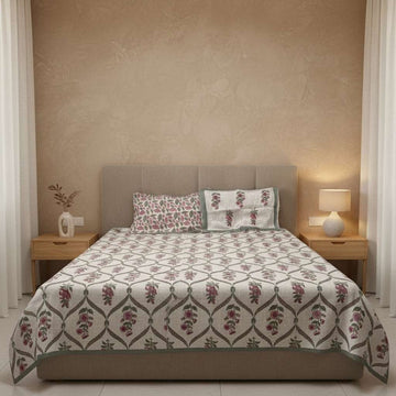 Chitra Hand Block Printed Jute Bedcover - King Size with 2 Pillow Covers