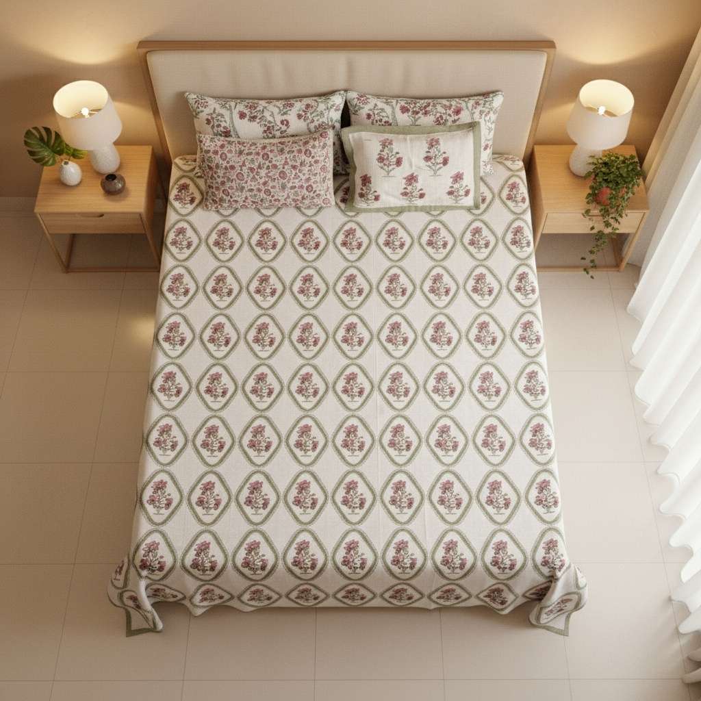 Festive Florals Hand Block Printed Jute Bedcover - King Size with 2 Pillow Covers