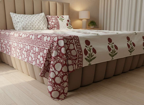 Petal Poetry Blockprint Percale Cotton King Size Bedsheet | 450 TC