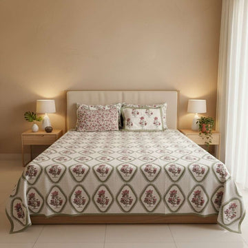 Festive Florals Hand Block Printed Jute Bedcover - King Size with 2 Pillow Covers