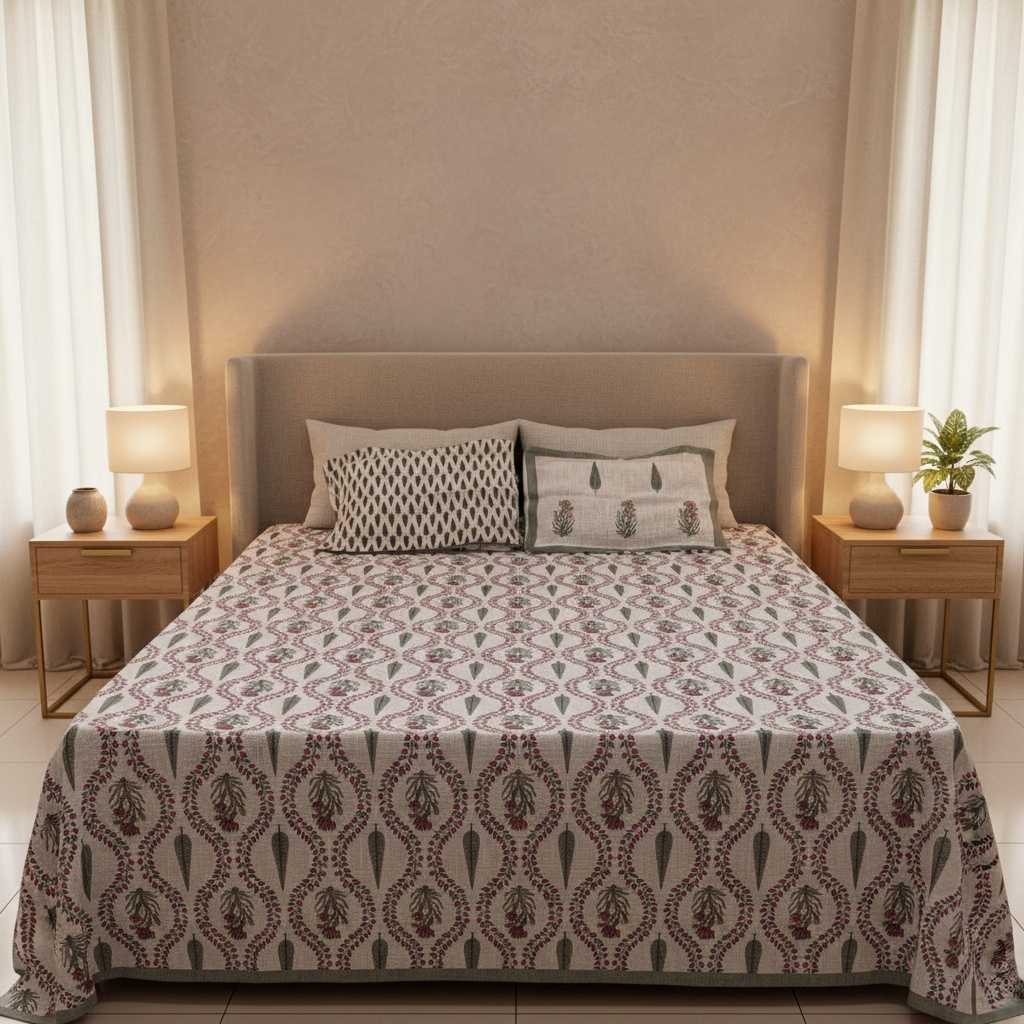 Nazakat Blooms Hand Block Printed Jute Bedcover - King Size with 2 Pillow Covers