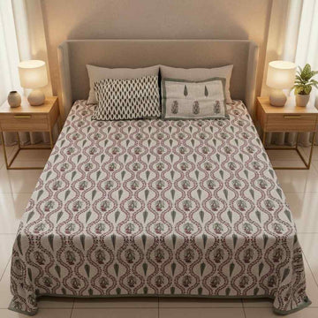 Nazakat Blooms Hand Block Printed Jute Bedcover - King Size with 2 Pillow Covers