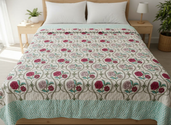 Pink City Block Printed Premium Reversible Double Quilt