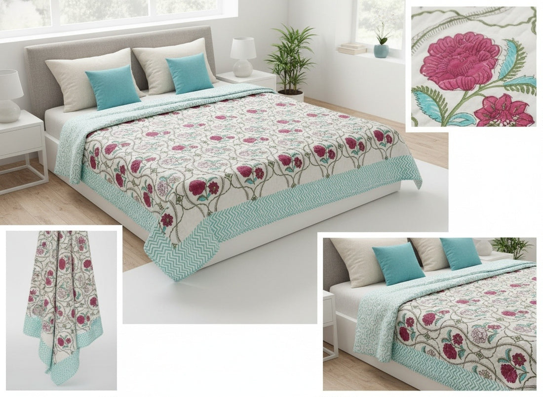 Pink City Block Printed Premium Reversible Double Quilt