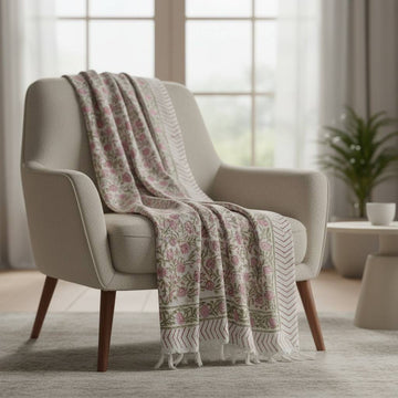 Rajnigandha Hand Block Printed Sofa Throw – 60 x 90 Inches