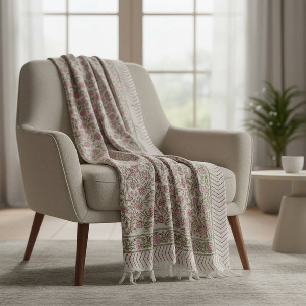 Rajnigandha Hand Block Printed Sofa Throw – 60 x 90 Inches