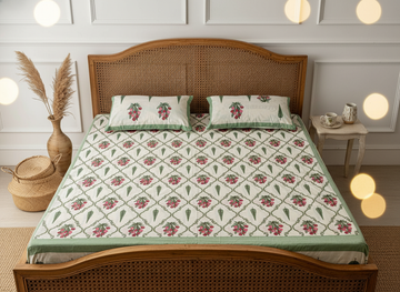 Mint Bloom King Size Premium Cotton Bedsheet