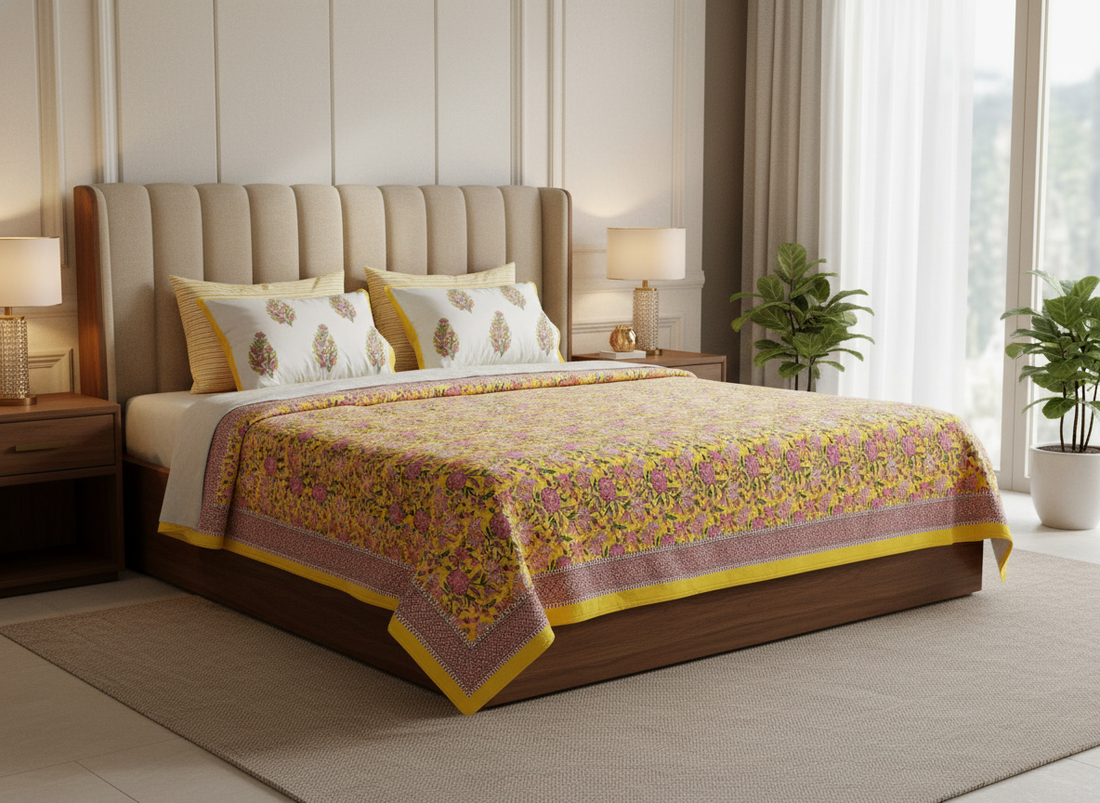 Kalakruti Collection Hand Block Percale Cotton Bedsheet | 450 TC