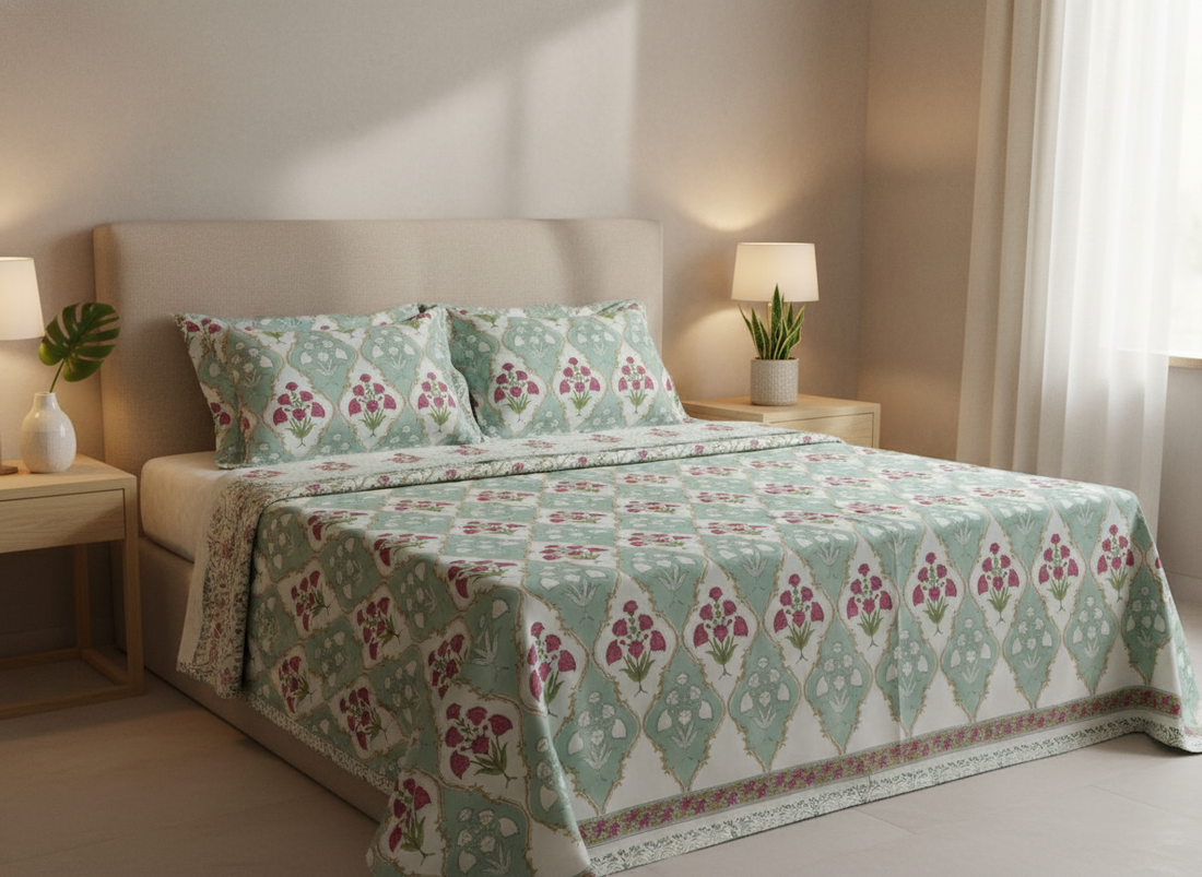 Amaara Blockprint Percale Cotton King Size Bedsheet | 450 TC