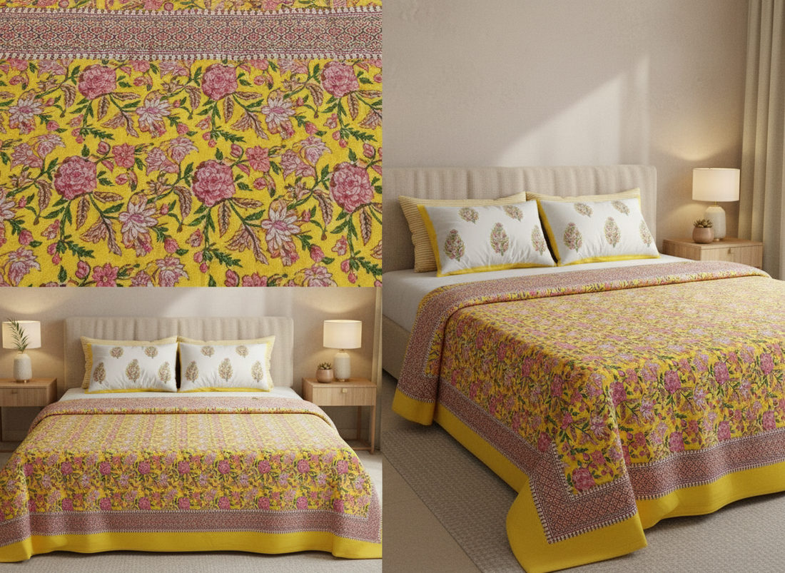 Kalakruti Collection Hand Block Percale Cotton Bedsheet | 450 TC