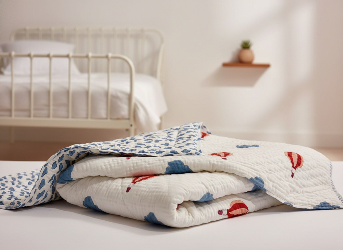Dreamy Balloons Block Printed Premium Reversible Kids Quilt