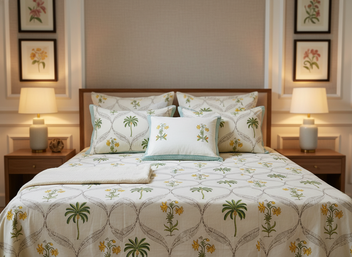 Gulmahal Hand Block King Size Premium Cotton Bedsheet - Yellow