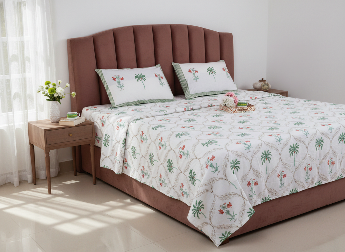 Gulmahal Hand Block King Size Premium Cotton Bedsheet - Green