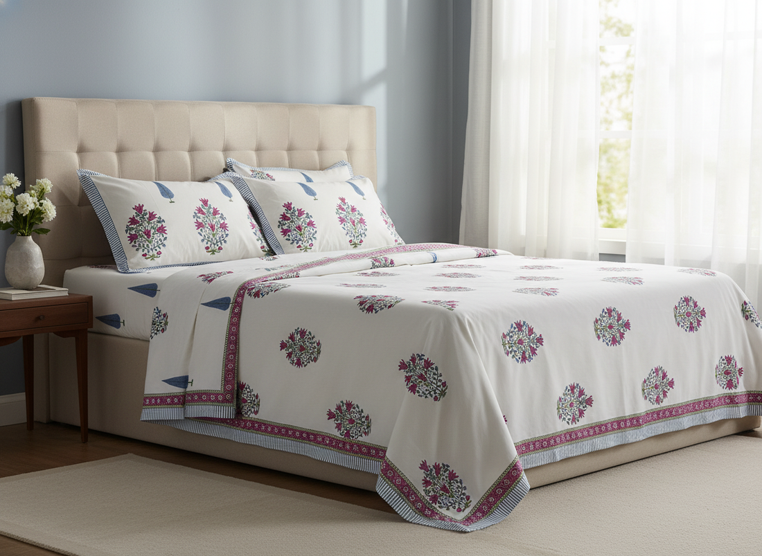 Rangoli Hand Block Printed Percale Cotton King Size Bedsheet