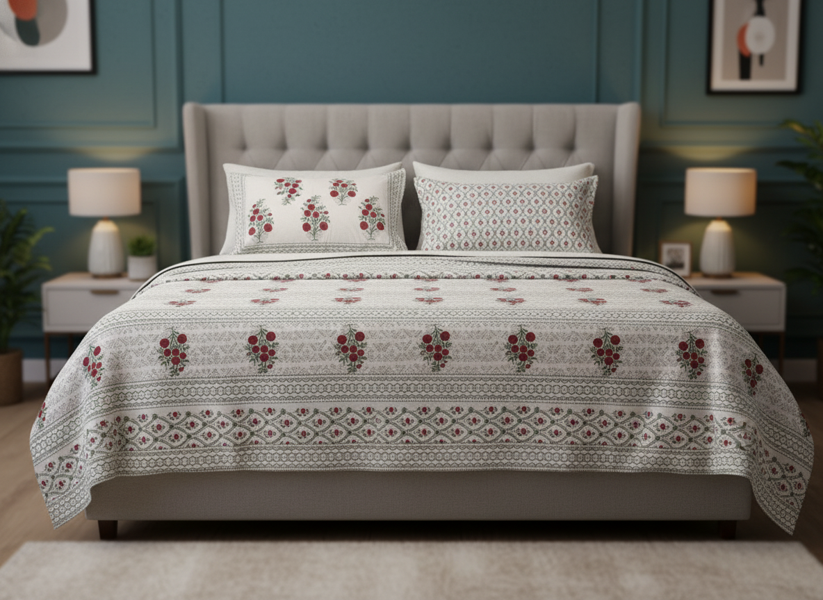 Bagh-e-Gul Blockprint Percale Cotton King Size Bedsheet