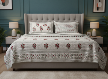 Bagh-e-Gul Blockprint Percale Cotton King Size Bedsheet