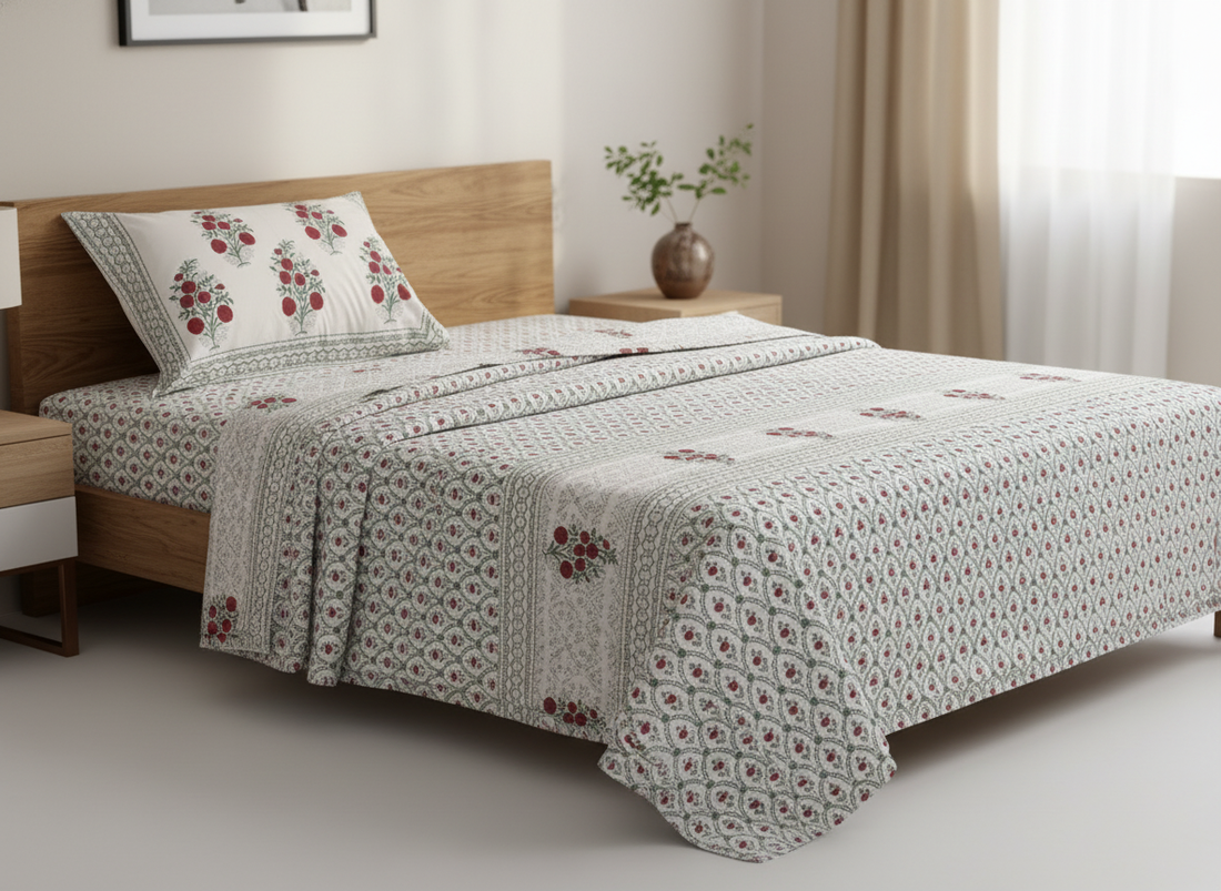 Bagh-e-Gul Blockprint Percale Cotton King Size Bedsheet
