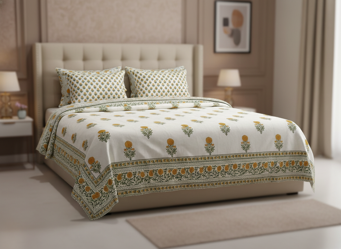 FloraWave Blockprint Percale Cotton King Size Bedsheet