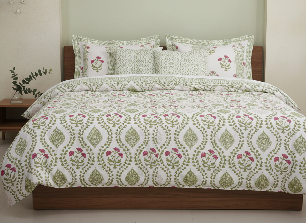 BloomNest Blockprint Percale Cotton King Size Bedsheet