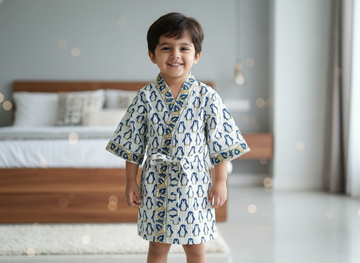 Penguin Hand Block Printed Kids Bathrobes
