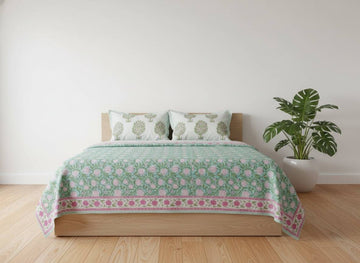 Aangan Bloom Blockprint Percale Cotton King Size Bedsheet | 450 TC