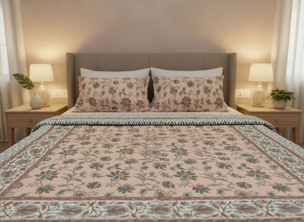 Coral Phool Blockprint Percale Cotton King Size Bedsheet | 450 TC