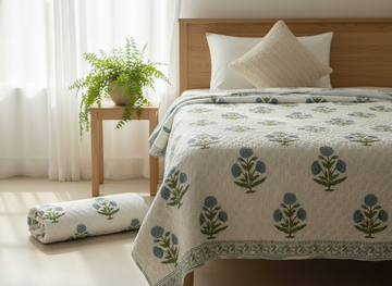 Blue Poppy Hand Block Printed Premium Reversible Single Quilt