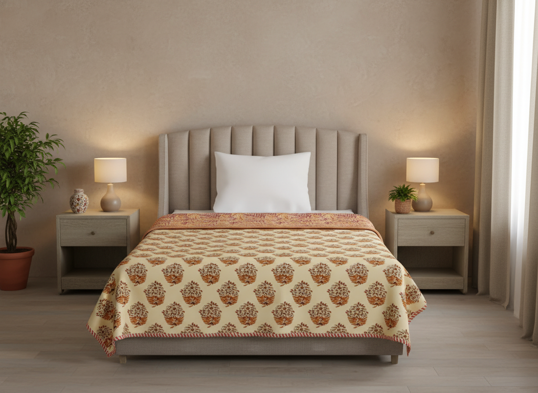 Yellow Jaal Mulmul Cotton Reversible Single Dohar