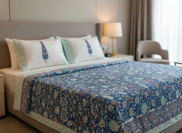 Whisperleaf Blockprint Percale Cotton King Size Bedsheet | 450 TC