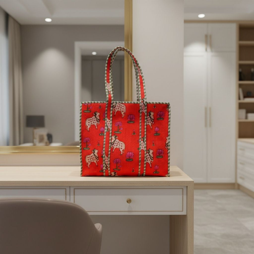 Pink Berries Hand Block Tote Bag