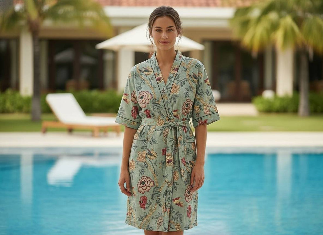 Elaris Hand Block Printed Unisex Bathrobe - Free Size