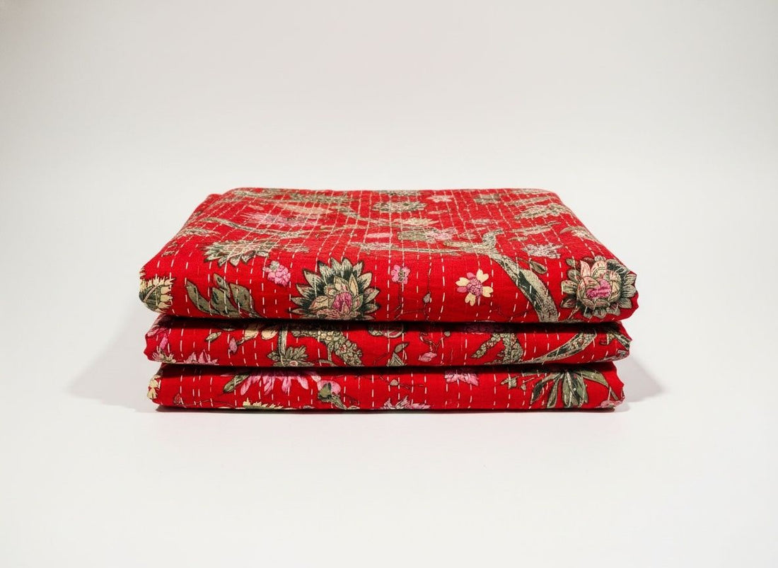 Shivoham Kantha Red Handwork Quilt / Bedspread - Double