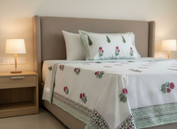 Emerald Vatika Blockprint Percale Cotton King Size Bedsheet | 450 TC