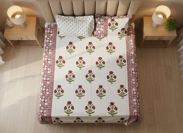 Petal Poetry Blockprint Percale Cotton King Size Bedsheet | 450 TC