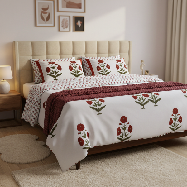 Kashmir Poppy Hand Block Printed Mulmul Cotton Reversible Dohar Set