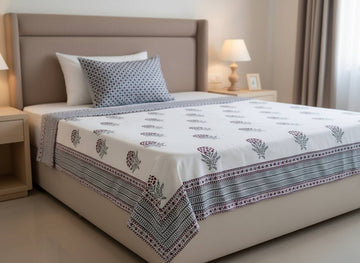 Mysore Garden Blockprint Percale Cotton King Size Bedsheet | 450 TC