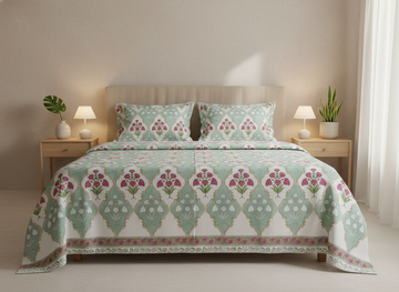 Amaara Blockprint Percale Cotton King Size Bedsheet | 450 TC