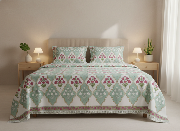 Amaara Blockprint Percale Cotton King Size Bedsheet | 450 TC