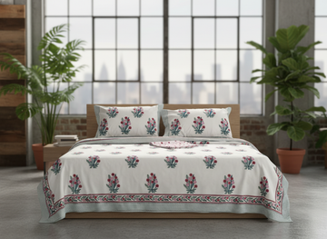 Aarambh Blockprint Percale Cotton King Size Bedsheet | 450 TC