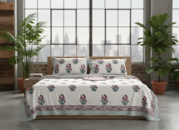 Aarambh Blockprint Percale Cotton King Size Bedsheet | 450 TC