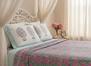 Phoolwari Blockprint Percale Cotton King Size Bedsheet | 450 TC