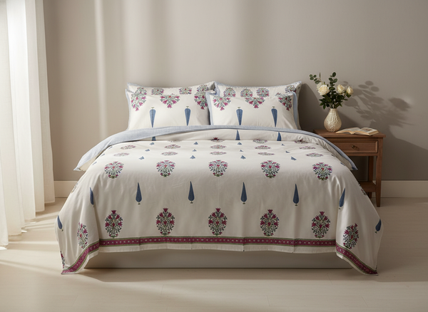 Rangoli Hand Block Printed Percale Cotton King Size Bedsheet | 450 TC